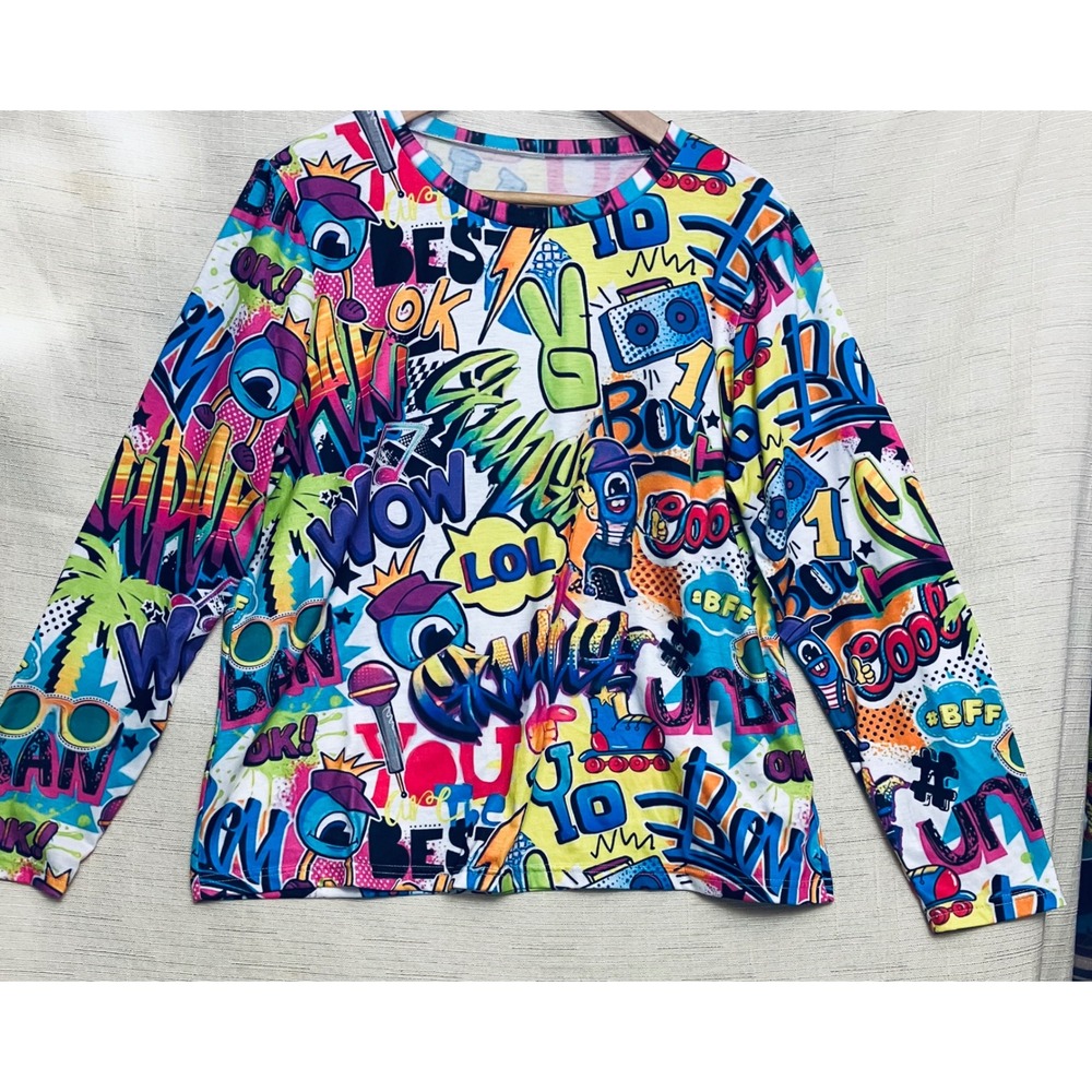 Unbranded Graffiti Pop Art Top Womens Large Multicolor Excellent Long Sleeve - Picture 2 of 8